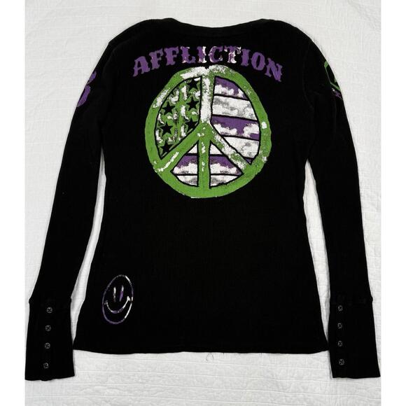 Affliction Long Sleeve Thermal Top Large Black Too Fast For Love Peace Graphic - Picture 6 of 6